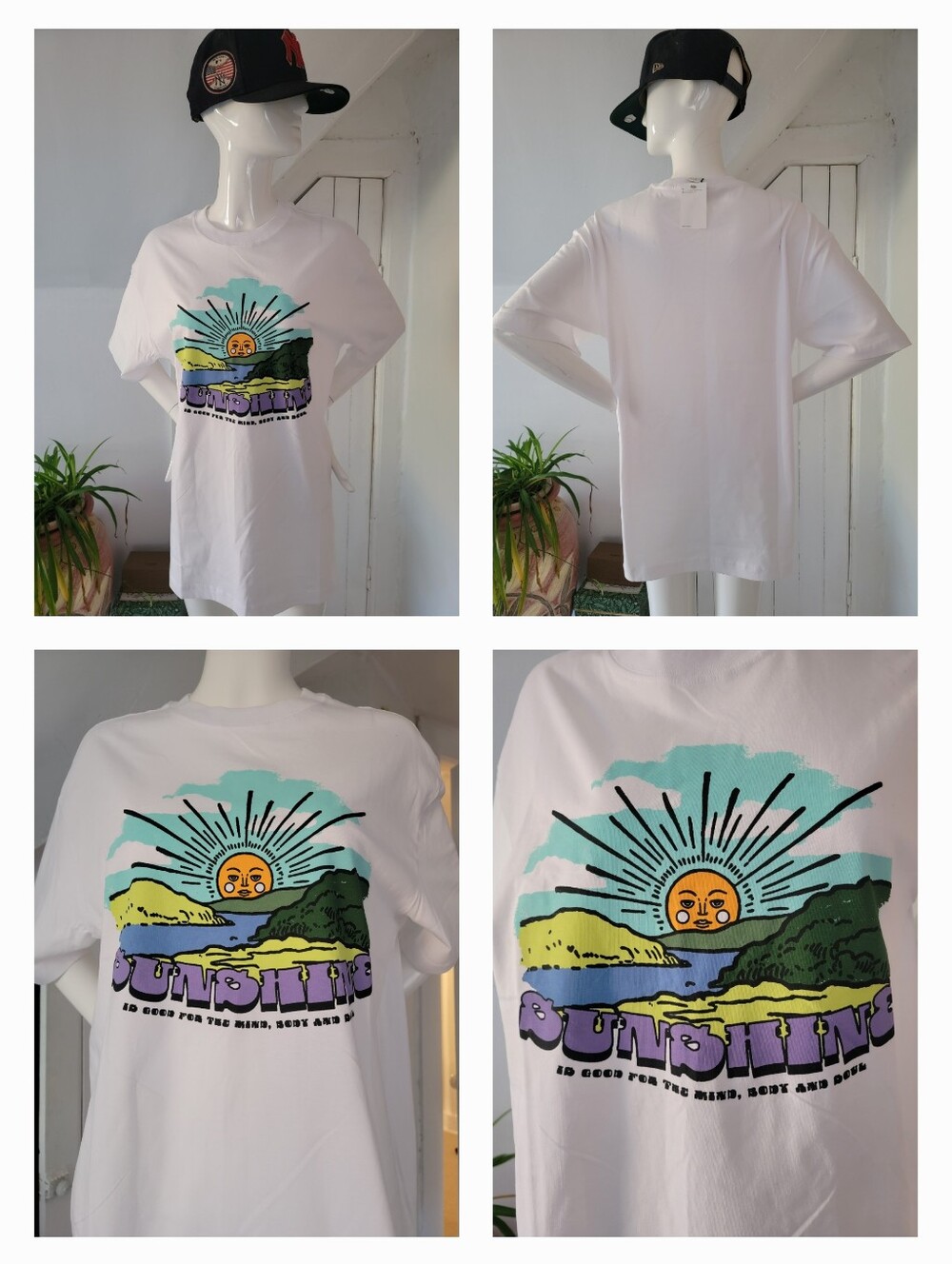 Graphic 'Sunshine' White Tee with Colorful Sunrise Print